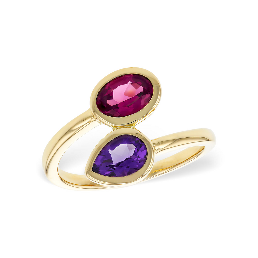 14K Yellow Gold Rhodolite Garnet and Amethyst Bypass Style Fashion Ring ...